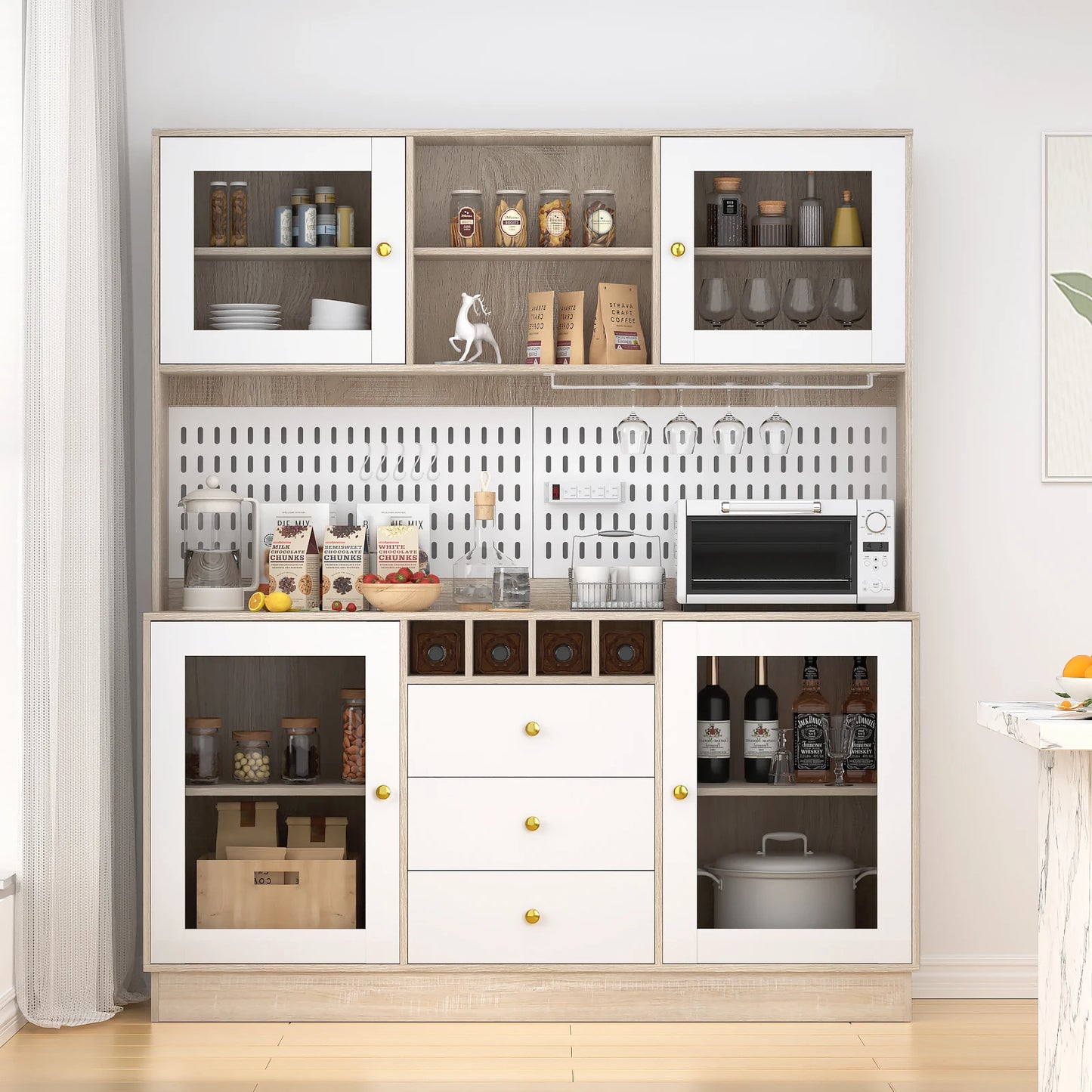 VOWNER Pantry Cabinet Freestanding Kitchen Storage Buffet Hutch With Pegboard
