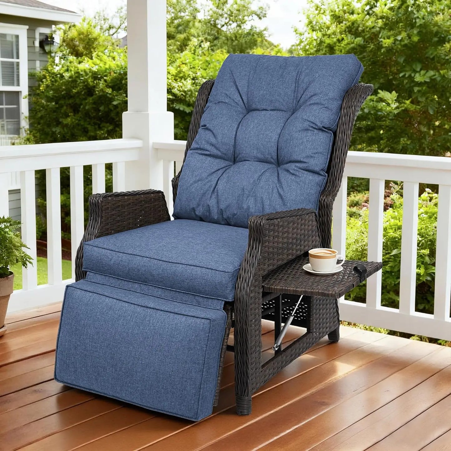 Outdoor Indoor Wicker Recliner with Adjustable Back and Footrest, Patio Reclining Chair with Flip-up Table, Outdoor, Custom