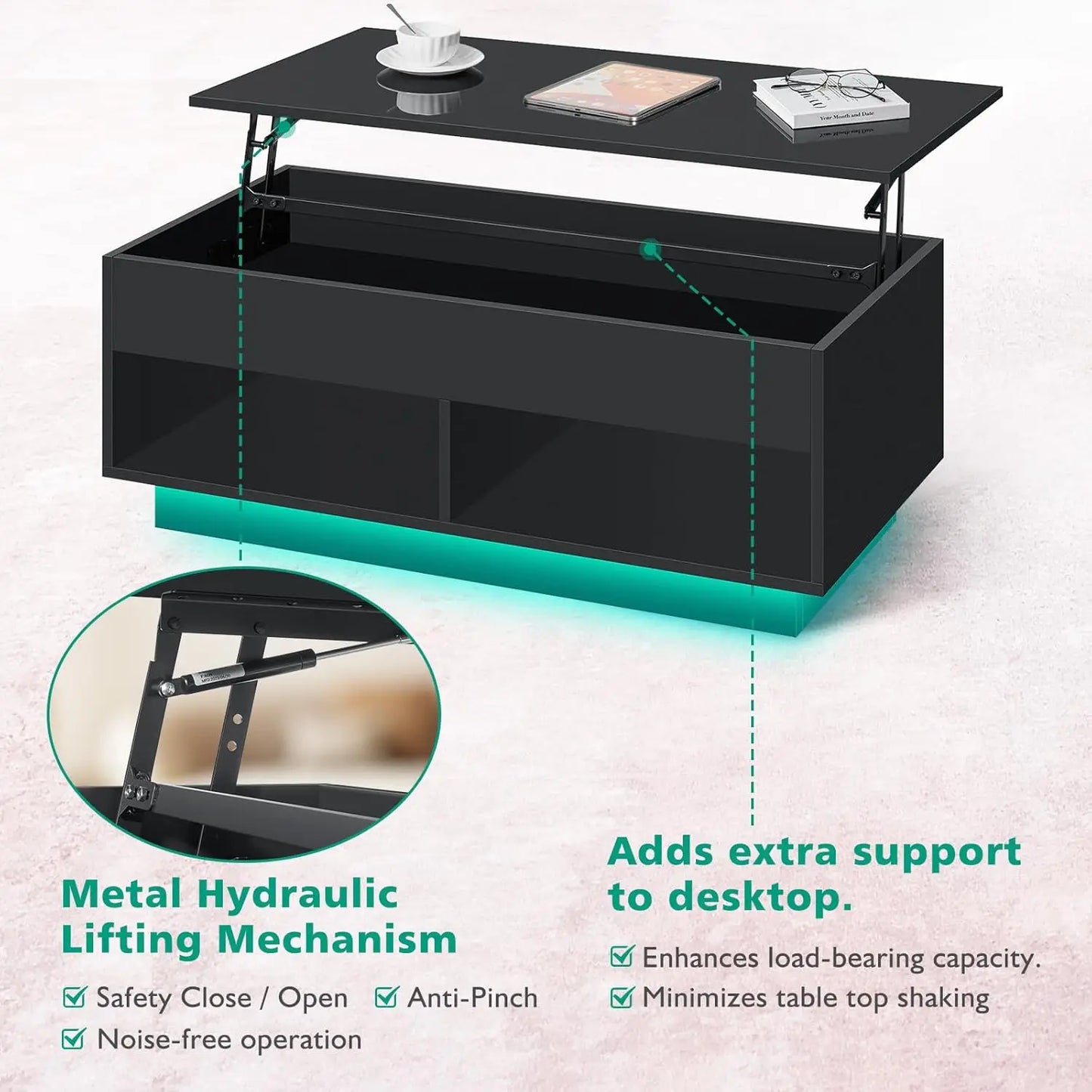 Hommpa Lift Top Modern LED Coffee Table With Storage
