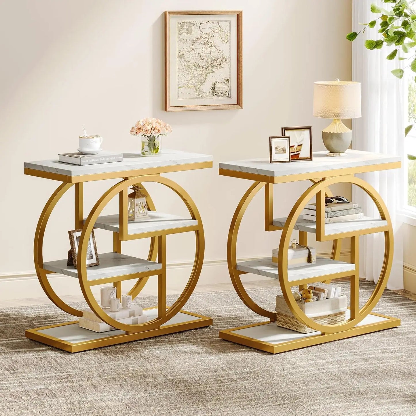 End Table Set of 2, 4-Tier Narrow Side Table with Storage Shelves, Wood Small Sofa Side Table with Geometric Metal, Customized