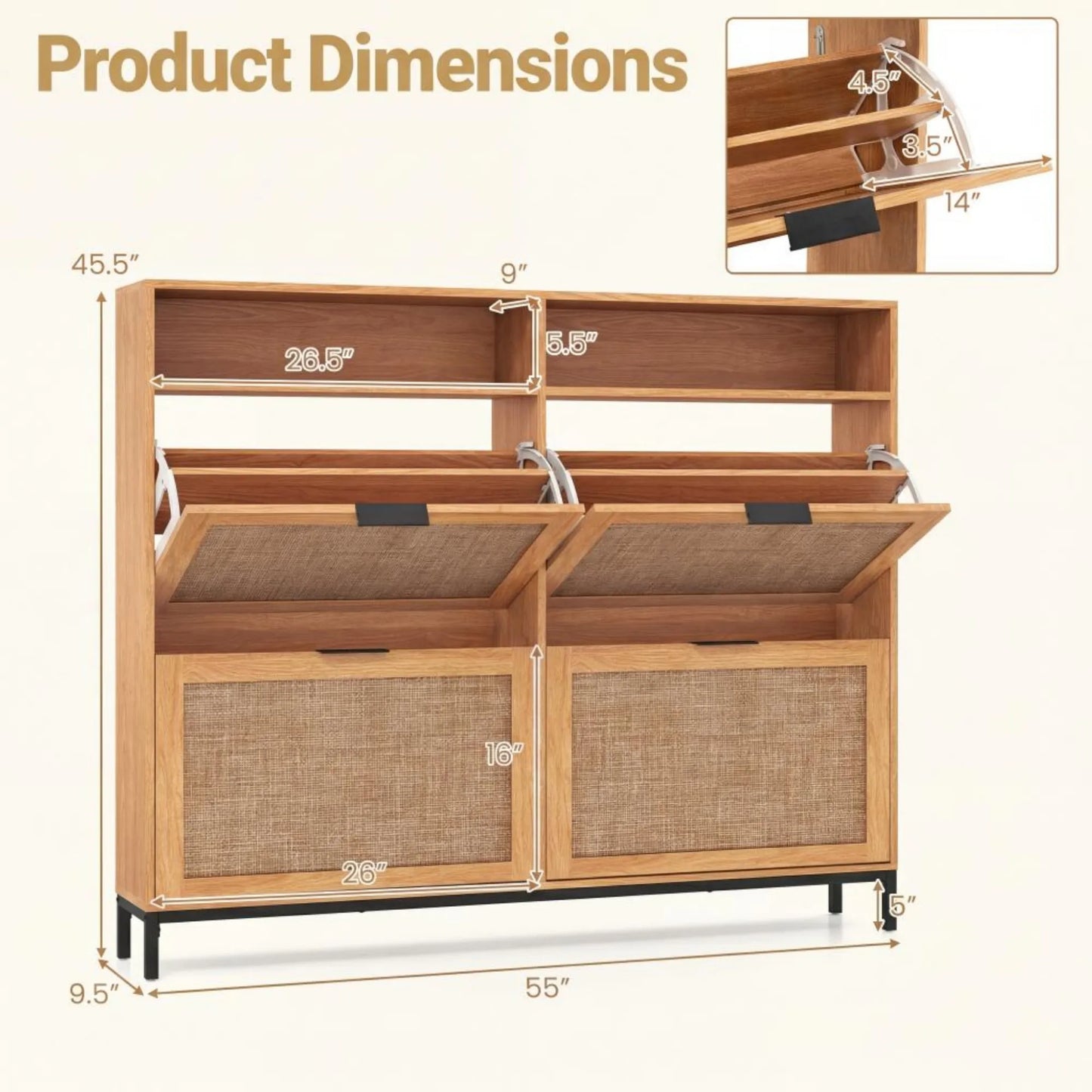 Shoe Storage Cabinet w/ 4 Flip Drawers, Adjustable Shelves, Open Compartments