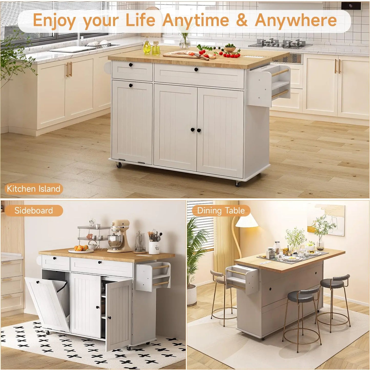 ONBRILL Mobile Kitchen Island with Power Outlet and Drop Leaf