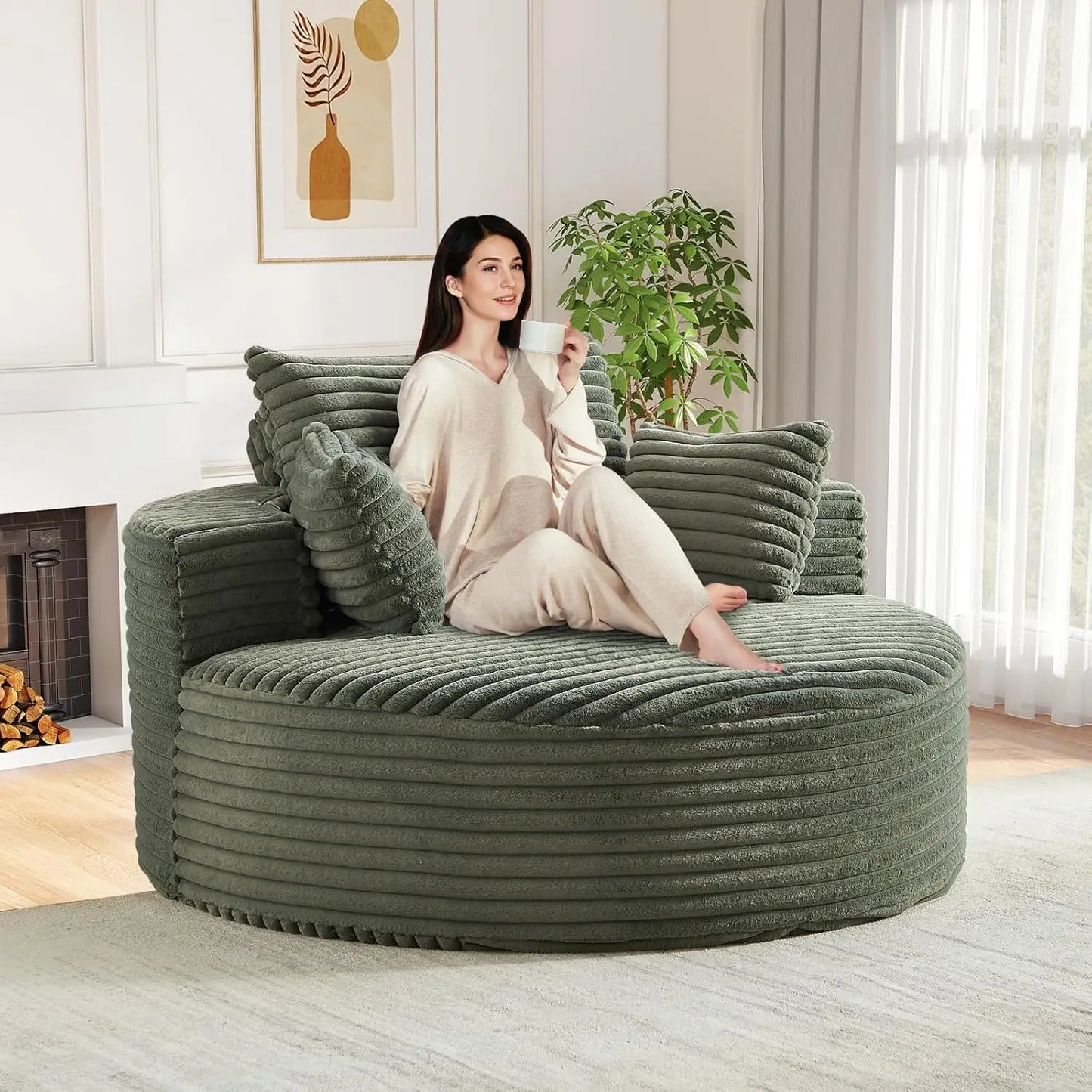 Oversized Round Chaise Longue Chair Indoor, Modern 55-inch Upholstered Corduroy Deep Seat Circle Single Cloud Lounge, Custom