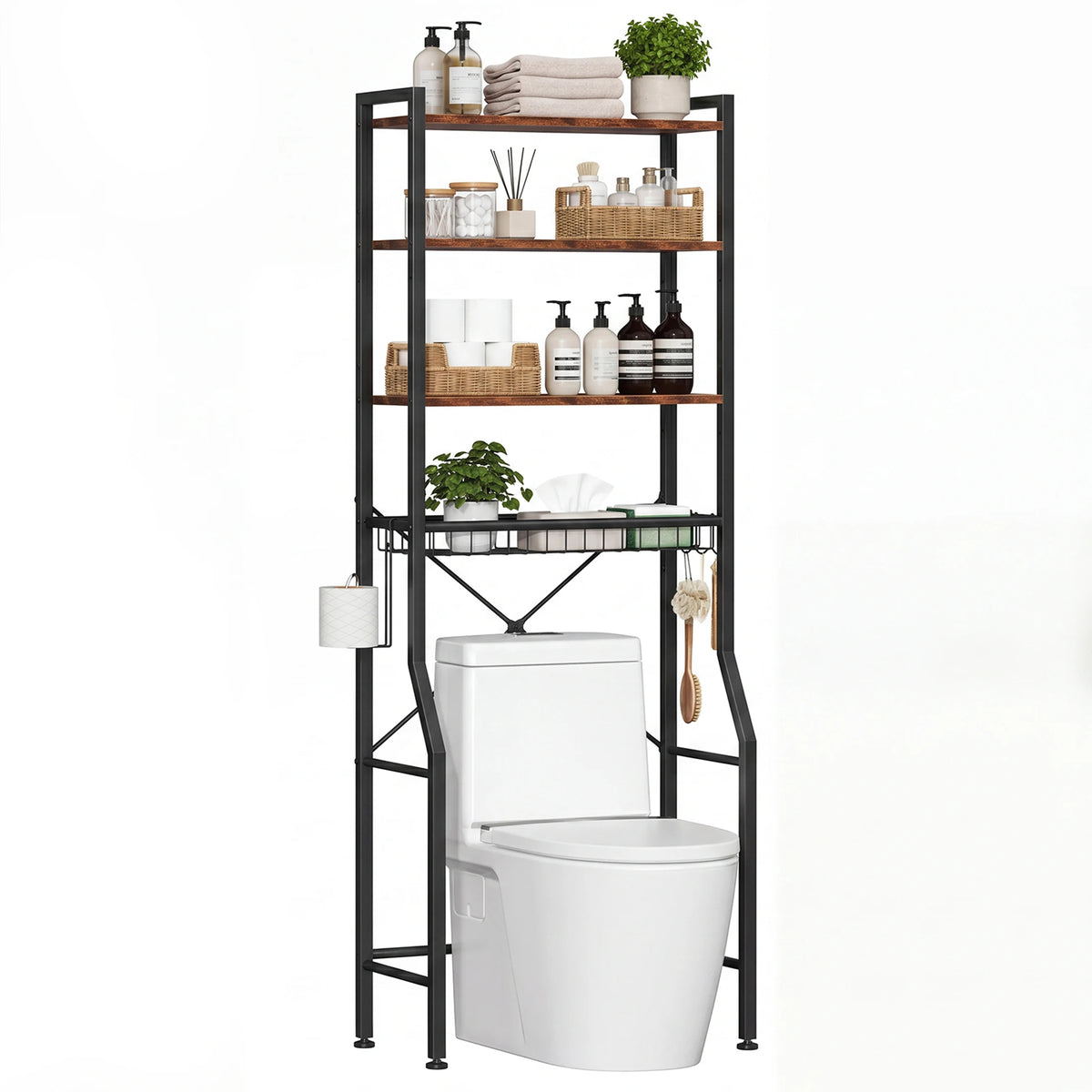 JHK 4-Tier Freestanding Bathroom Organizer Shelf Over Toilets with Adjustable Storage Rack Shelf and Basket Space Saver Above Toilet Storage Cabinet with 3 Hooks for Rooms
