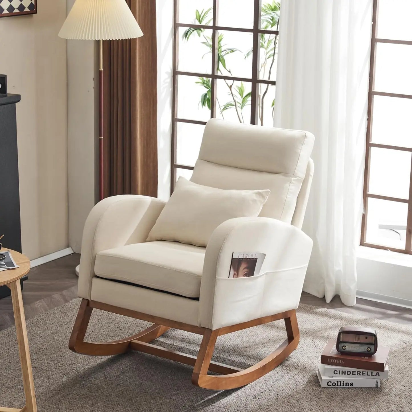 Olive Chenille Rocking Chair Nursery with Thick Headrest, Upholstered Mid-Century Modern Nursing Rocker Glider with, Customized
