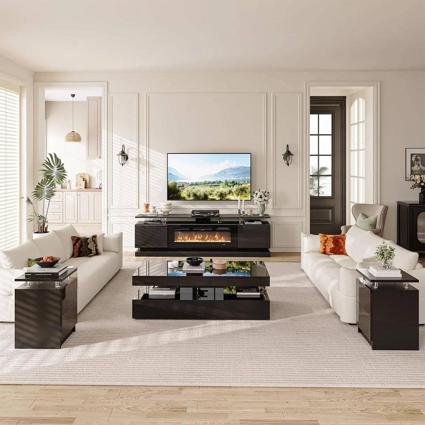 4-Piece Modern Living Room Table Set, Includes High Gloss 70" Fireplace TV Stand, 47" LED Coffee Table and 15" End, Custom
