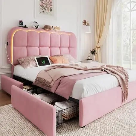 Full Upholstered Platform Bed LED Lights 4 Drawers Charging Station Adjustable Headboard Wood Slats No Box Spring , Custom