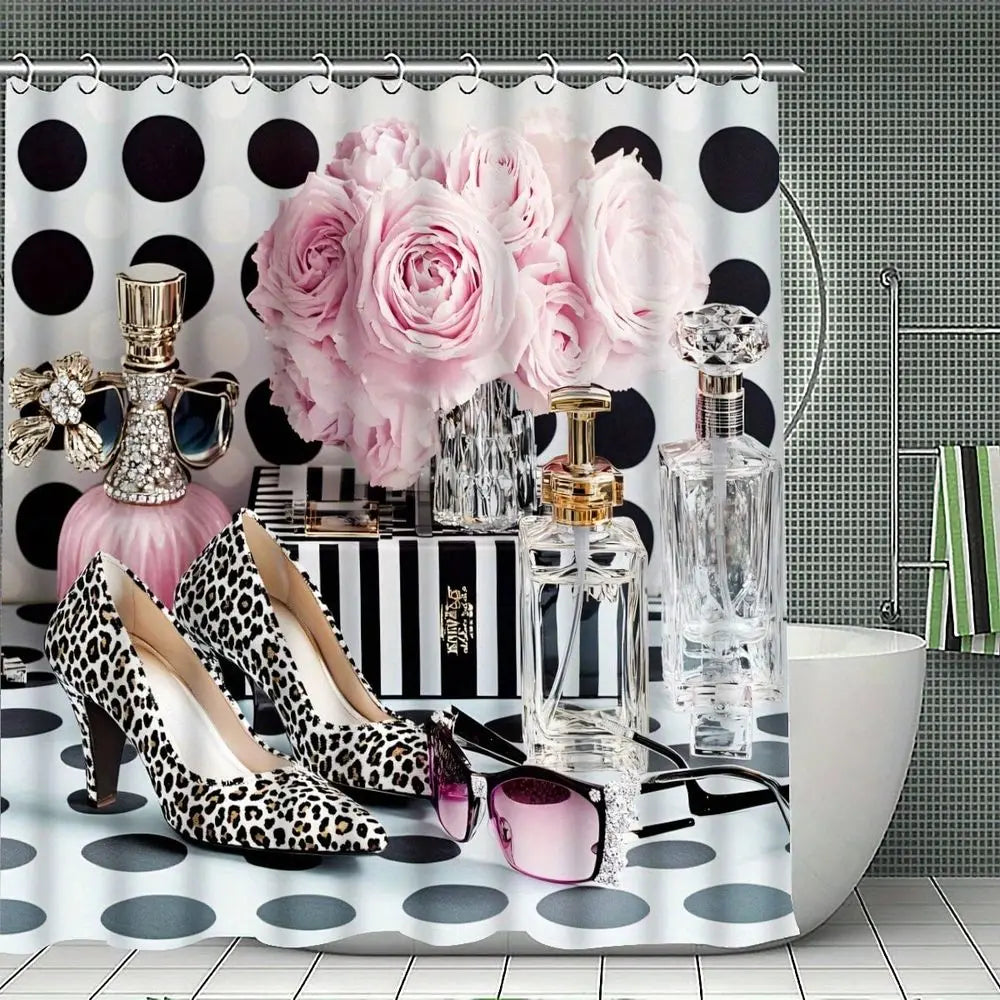 Leopard Shower Curtain With Bath Mat And U Shaped Mat
