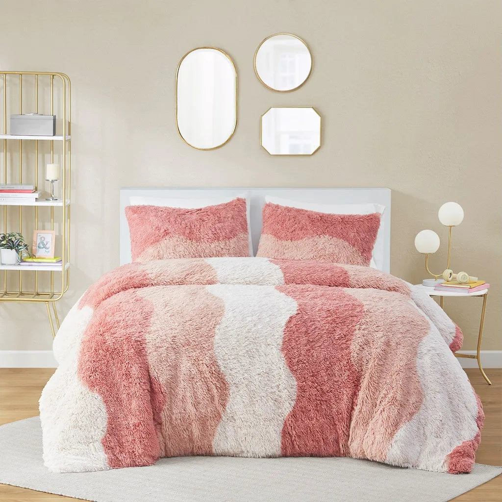 NONECN Ombre Shaggy Faux Fur Comforter Set Polyester Bedding