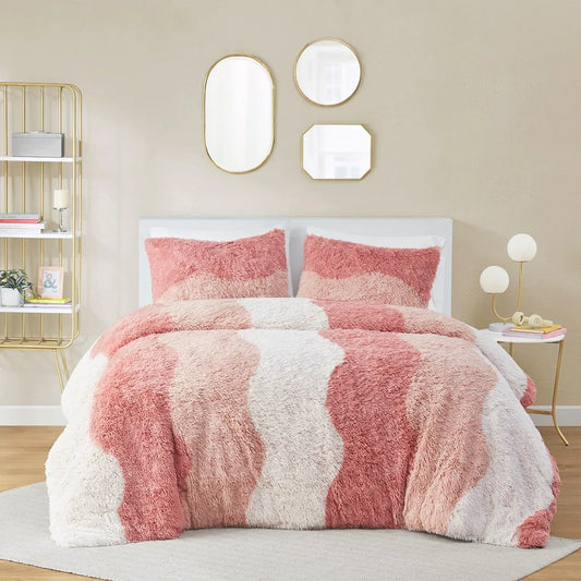 NONECN Ombre Shaggy Faux Fur Comforter Set Polyester Bedding
