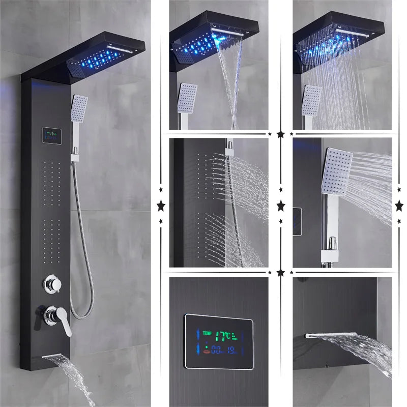 Black/Brushed Bathroom Shower Faucet LED Rainfall Head Shower Panel Set Bathtub Mixer Tap With Hand Sprayer Temperature Screen