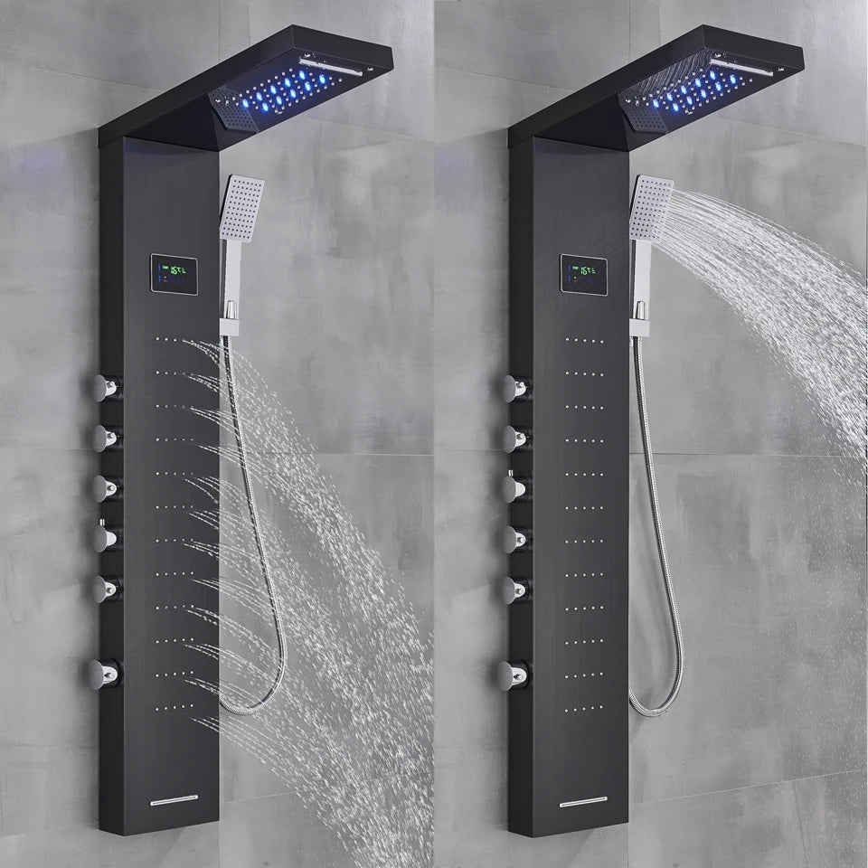 Black/Brushed Bathroom Shower Faucet LED Rainfall Head Shower Panel Set Bathtub Mixer Tap With Hand Sprayer Temperature Screen