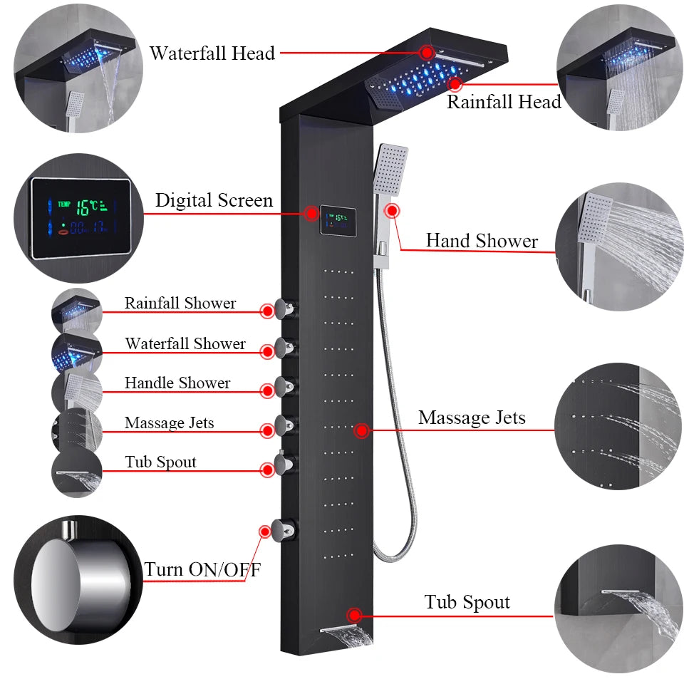 Black/Brushed Bathroom Shower Faucet LED Rainfall Head Shower Panel Set Bathtub Mixer Tap With Hand Sprayer Temperature Screen