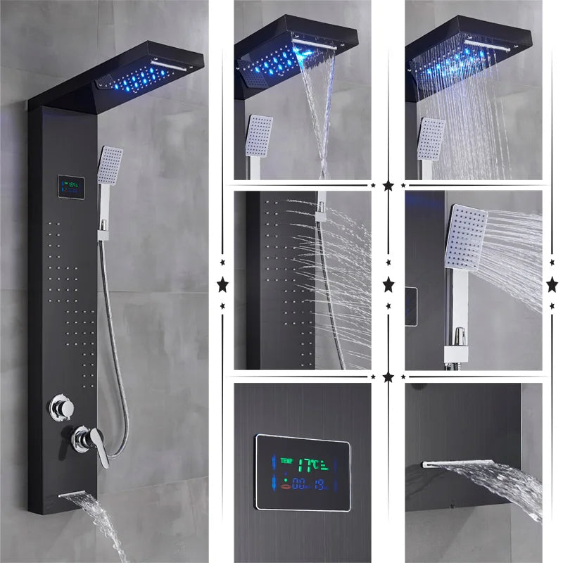 Black/Brushed Bathroom Shower Faucet LED Rainfall Head Shower Panel Set Bathtub Mixer Tap With Hand Sprayer Temperature Screen