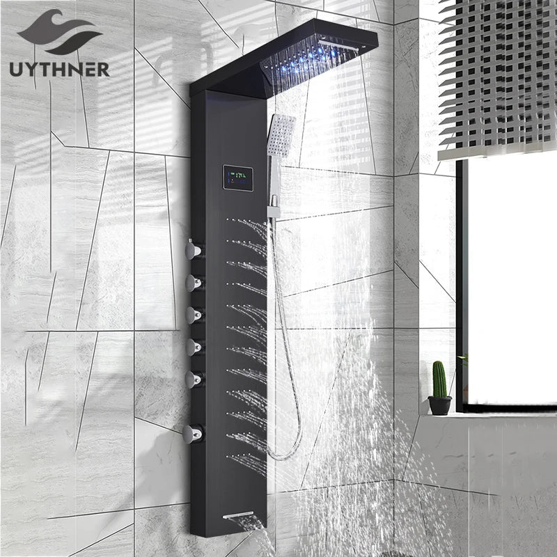Black/Brushed Bathroom Shower Faucet LED Rainfall Head Shower Panel Set Bathtub Mixer Tap With Hand Sprayer Temperature Screen
