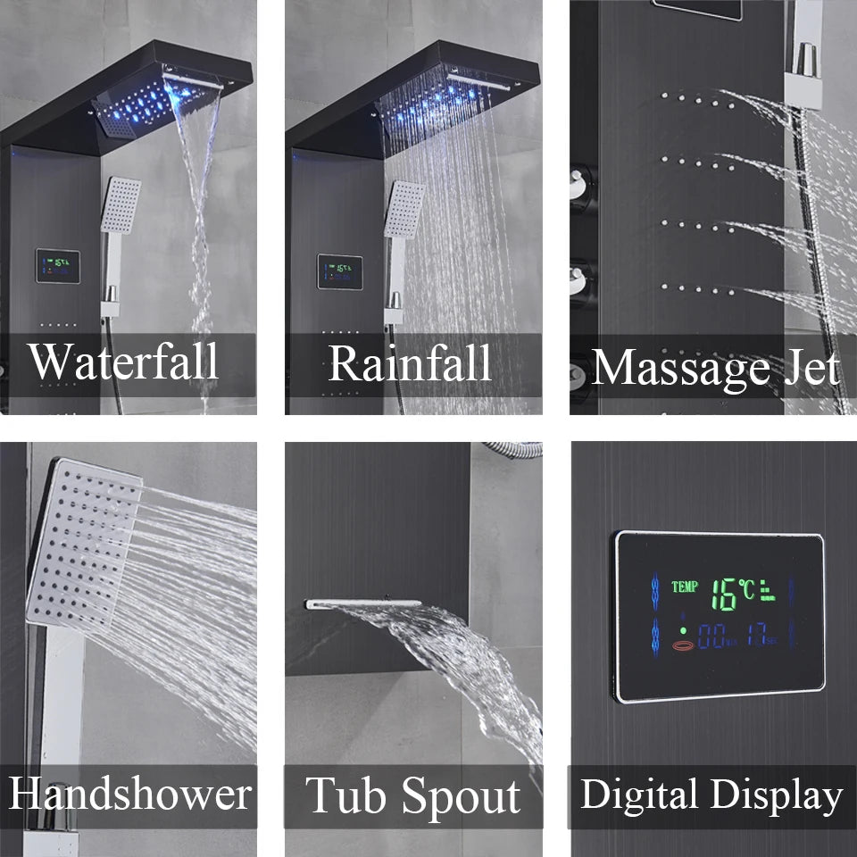 Black/Brushed Bathroom Shower Faucet LED Rainfall Head Shower Panel Set Bathtub Mixer Tap With Hand Sprayer Temperature Screen
