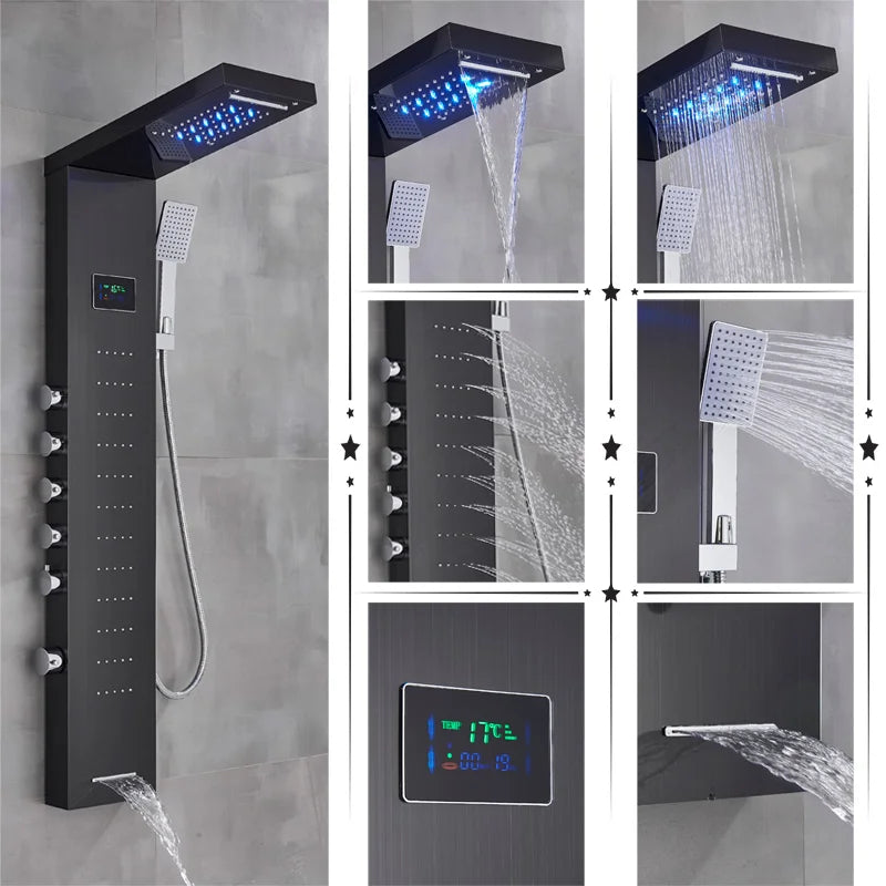 Black/Brushed Bathroom Shower Faucet LED Rainfall Head Shower Panel Set Bathtub Mixer Tap With Hand Sprayer Temperature Screen