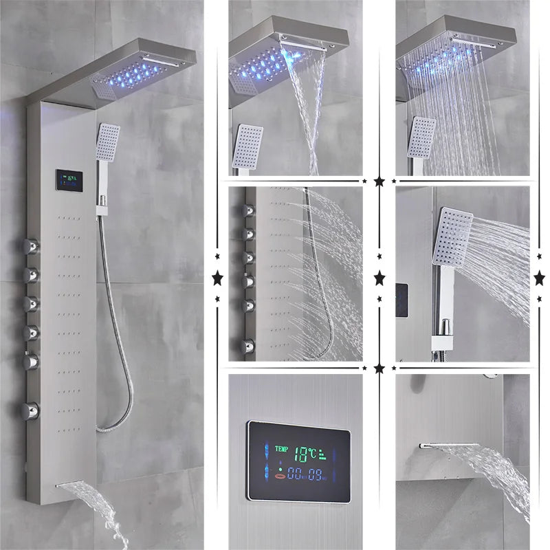 Black/Brushed Bathroom Shower Faucet LED Rainfall Head Shower Panel Set Bathtub Mixer Tap With Hand Sprayer Temperature Screen