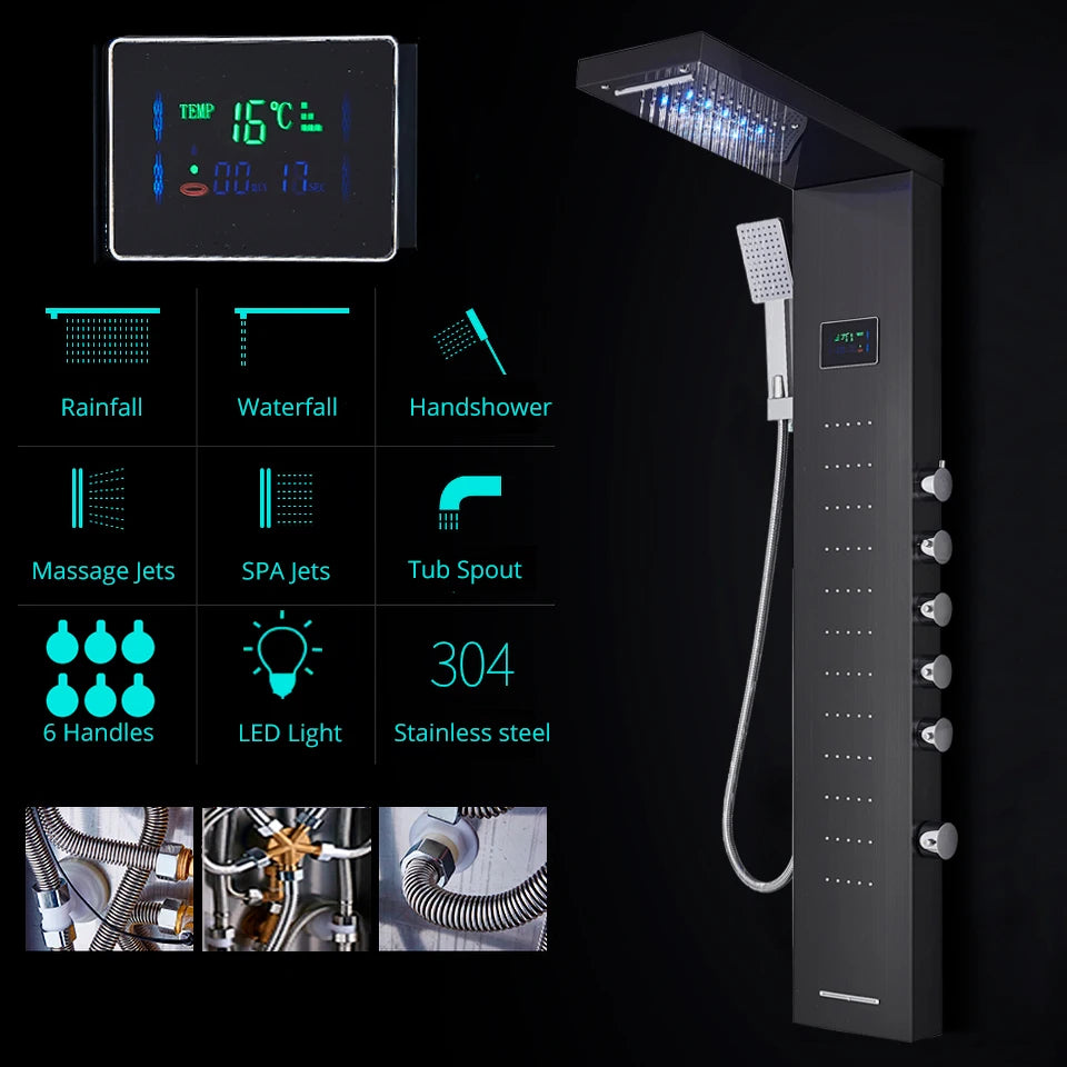 Black/Brushed Bathroom Shower Faucet LED Rainfall Head Shower Panel Set Bathtub Mixer Tap With Hand Sprayer Temperature Screen