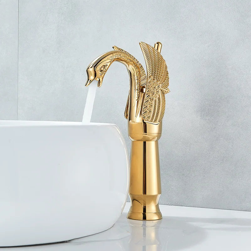 Uythner Luxury Swan Bath Basin Brass Faucet Cold and Hot Water Mixer Taps Black /Gold/Antique Bathroom Washbasin Crane