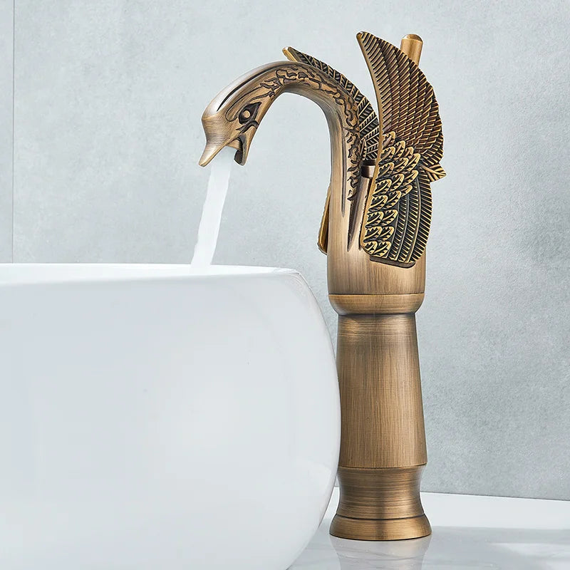 Uythner Luxury Swan Bath Basin Brass Faucet Cold and Hot Water Mixer Taps Black /Gold/Antique Bathroom Washbasin Crane