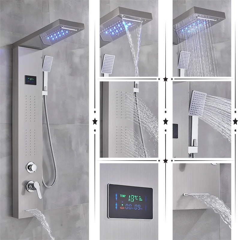 Black/Brushed Bathroom Shower Faucet LED Rainfall Head Shower Panel Set Bathtub Mixer Tap With Hand Sprayer Temperature Screen