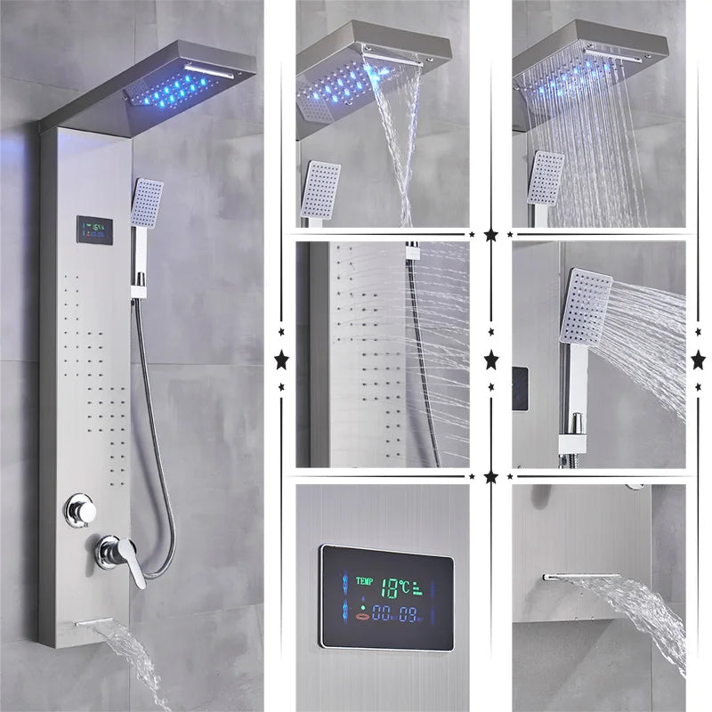 Black/Brushed Bathroom Shower Faucet LED Rainfall Head Shower Panel Set Bathtub Mixer Tap With Hand Sprayer Temperature Screen