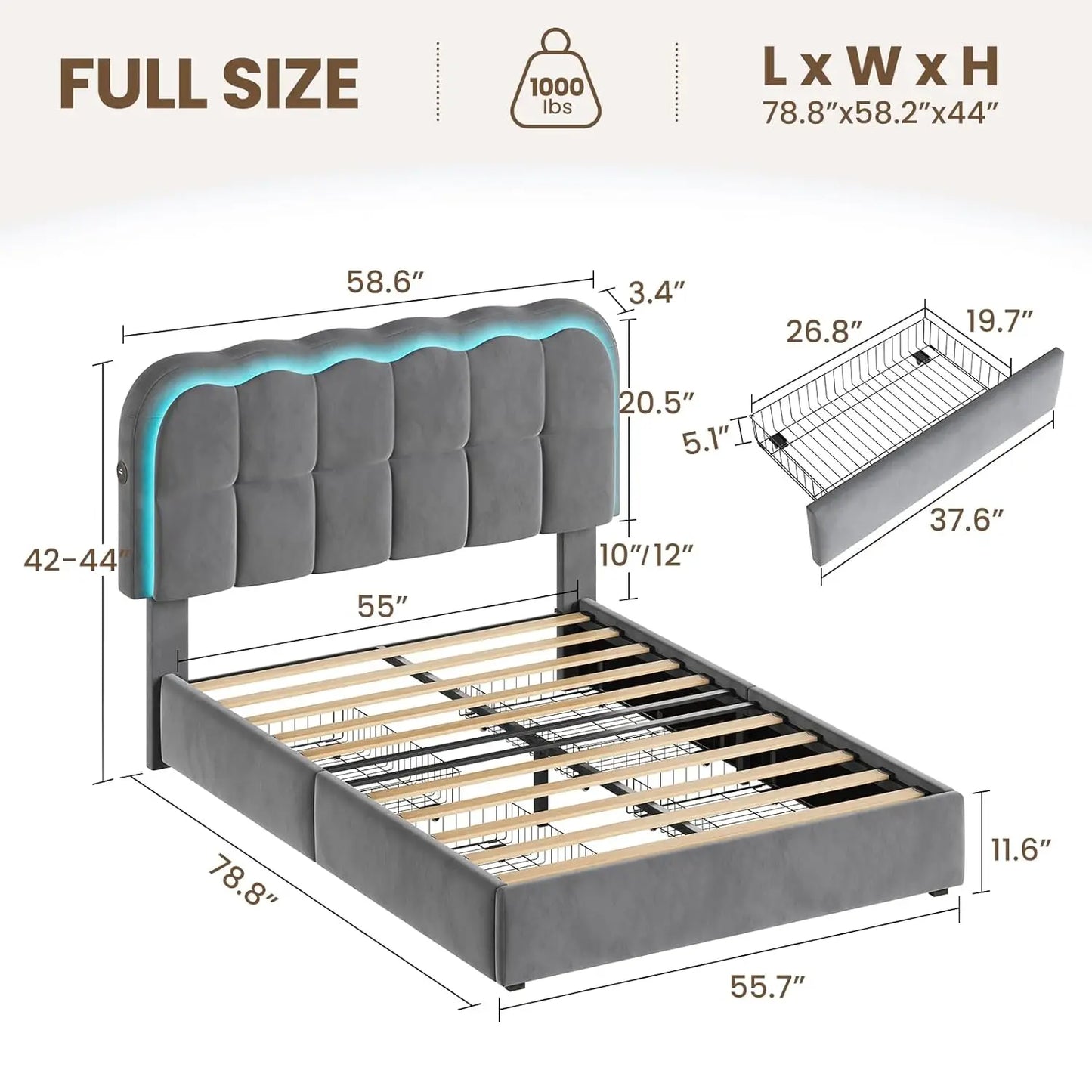 Full Upholstered Platform Bed LED Lights 4 Drawers Charging Station Adjustable Headboard Wood Slats No Box Spring , Custom