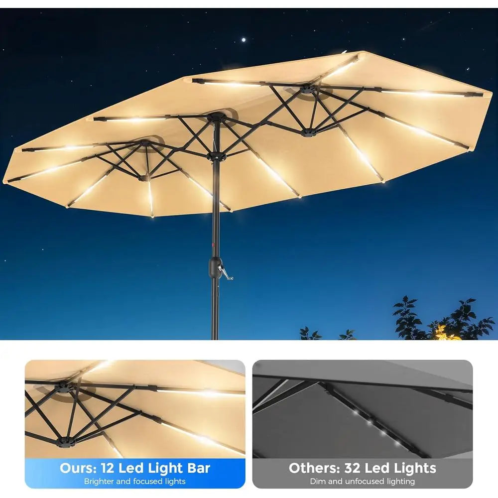 15T Double Sided Patio Umbrella with 12 r LED Light Bars & Base Included, Extra Large RecOutdoor Market Umbrella or 8-12 People