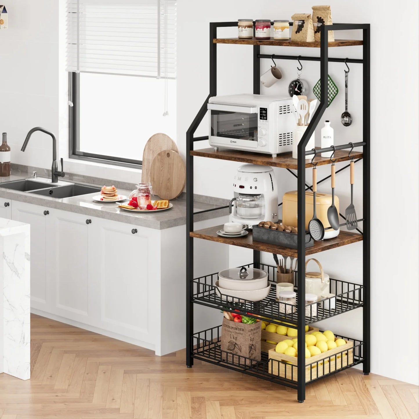 Kitchen Bakers Rack Microwave Oven Stand with 2 Large Wire Basket Industrial Coffee Bar Station