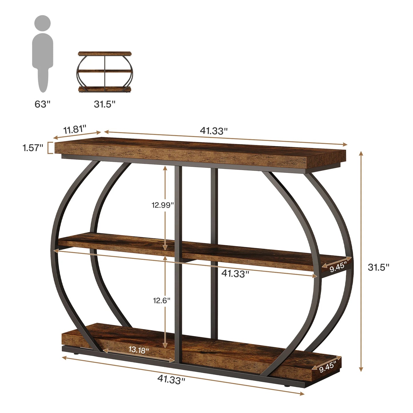 Tribesigns Industrial 3 Tier Console Table With Storage Shelves
