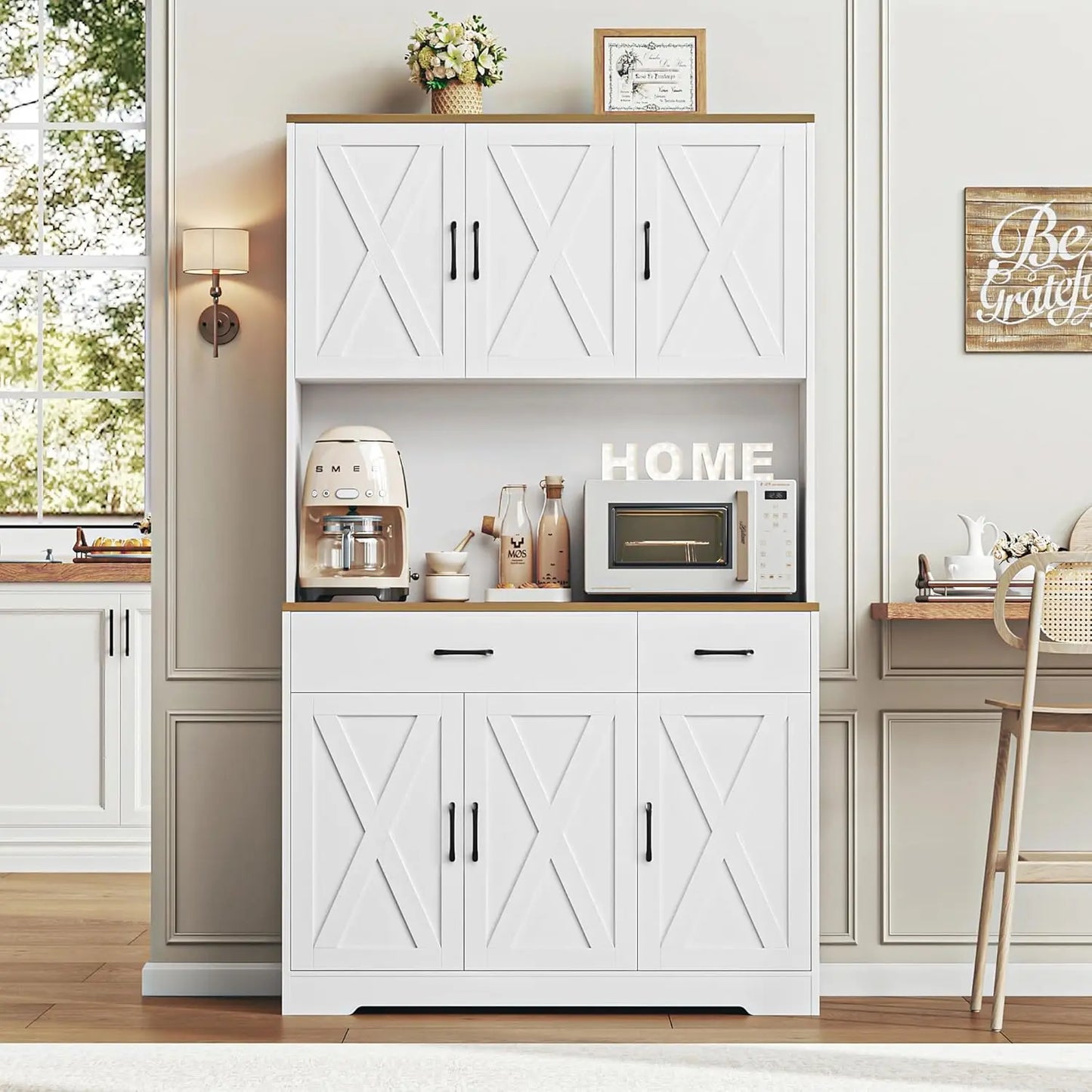 Chengwei Farmhouse Pantry Cabinet With Charging Station And Microwave Stand