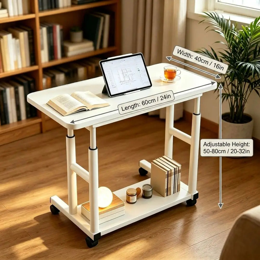 24/32"Multifunctional Adjustable Height Mobile Side Table, Multi-Layer Storage Office Computer Desk With Thickened Metal Frame
