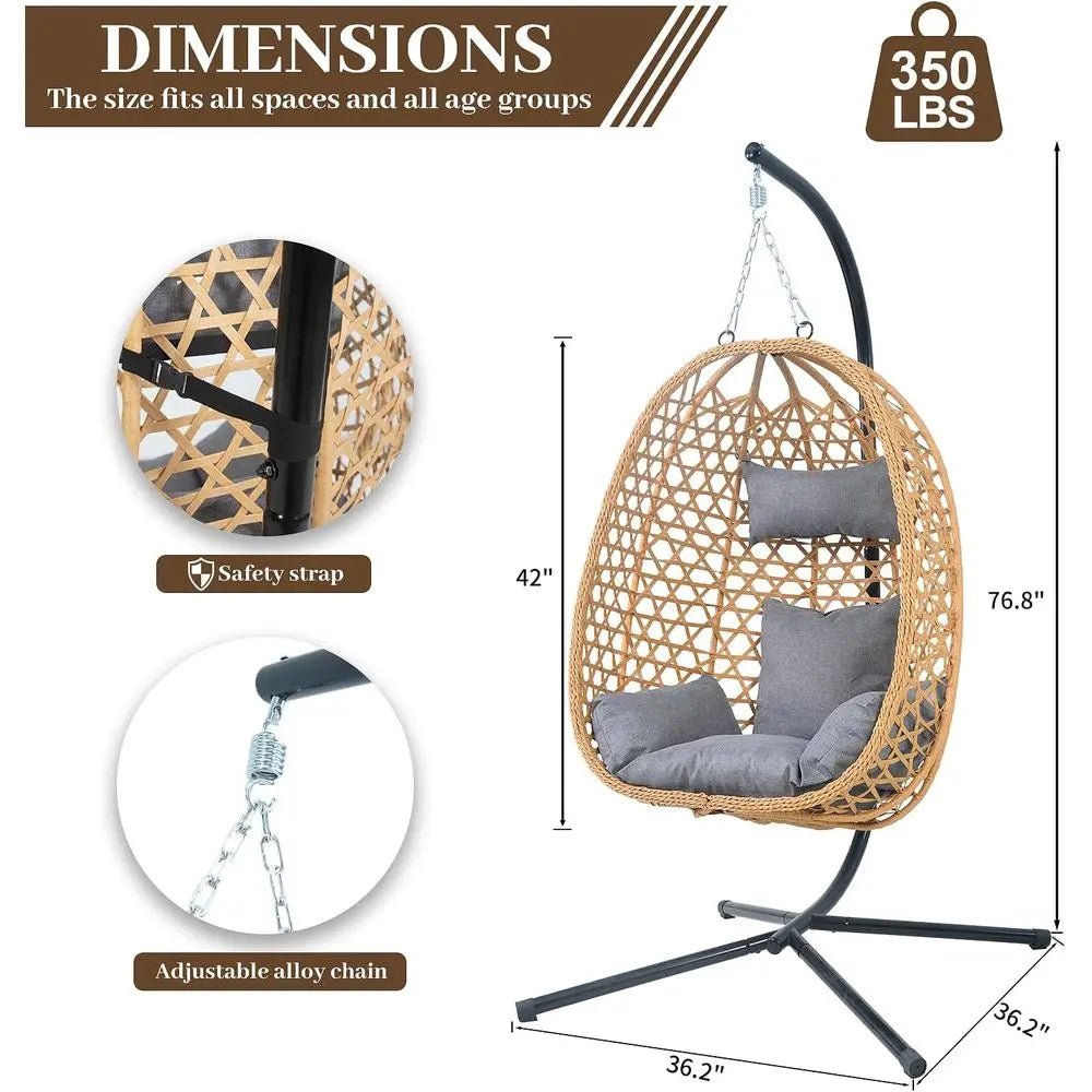 Hanging Egg Chair with Stand,All-Weather Rattan,330LBS ,Grey | Swing Chair with stand & thick cushions,330lb acity,rust-proo e,w