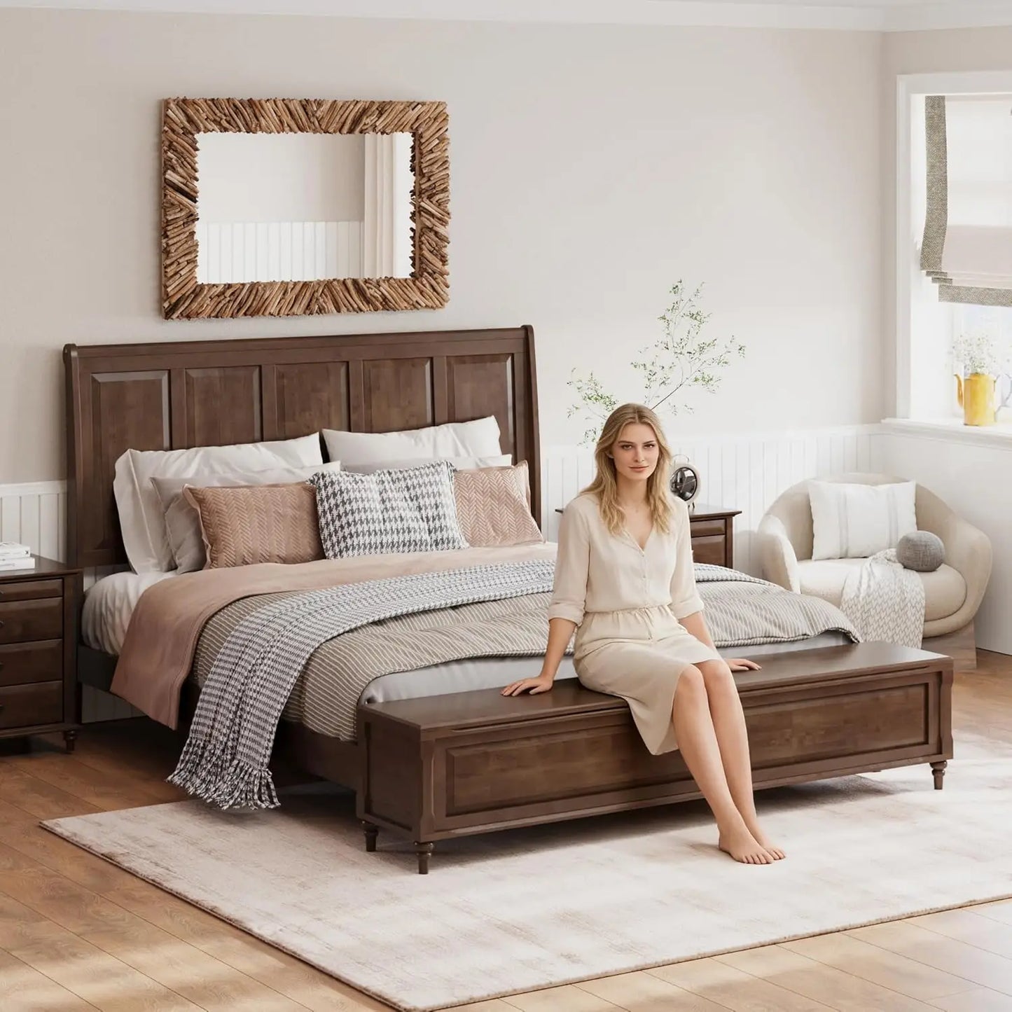 King Size Bed Frame with Headboard and Storage Bench, Solid Wood Sleigh Bed Frame No Box Spring Needed, Wood Bed Frame, Custom