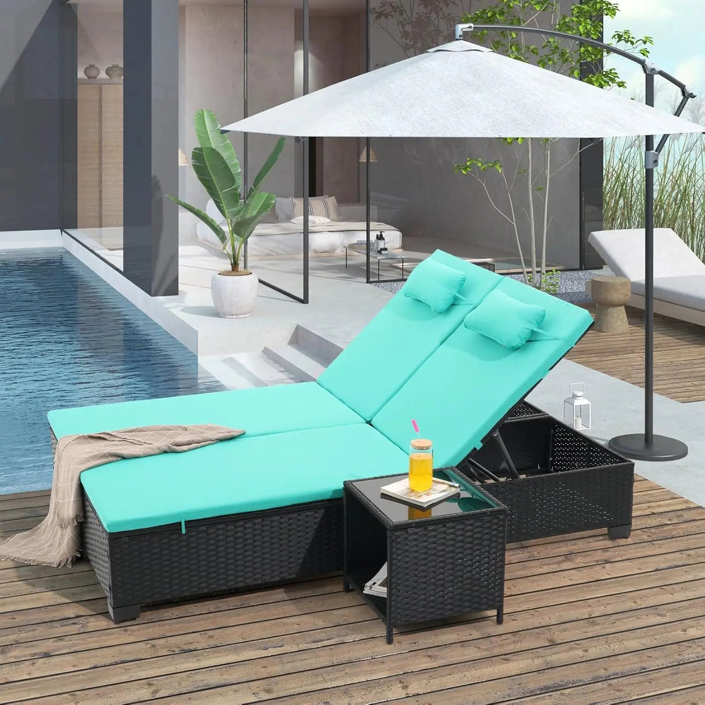 PE Wicker Adjustable Chaise Lounge Set of 3 with Table for Patio Pool Outdoor, Custom