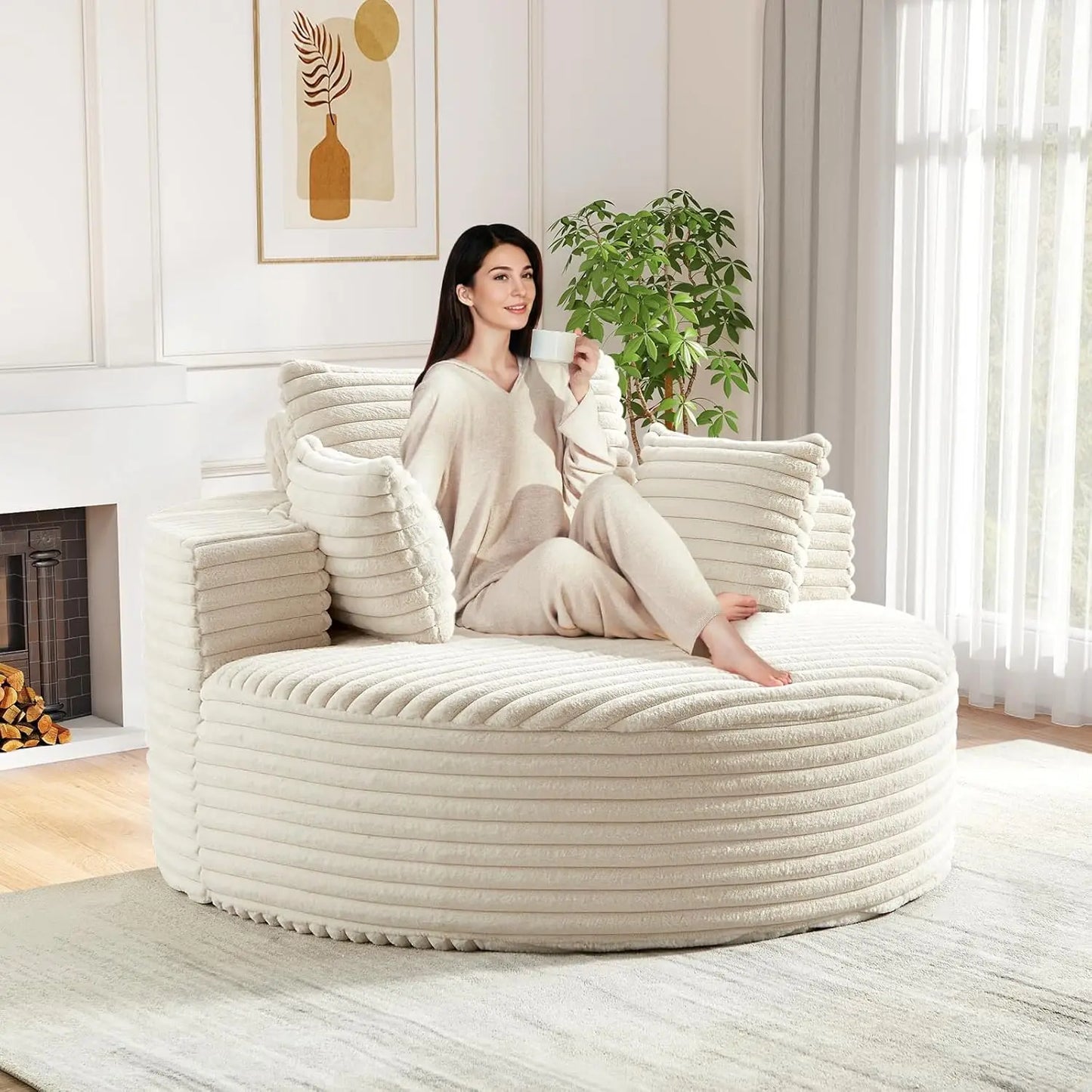 Oversized Round Chaise Longue Chair Indoor, Modern 55-inch Upholstered Corduroy Deep Seat Circle Single Cloud Lounge, Custom