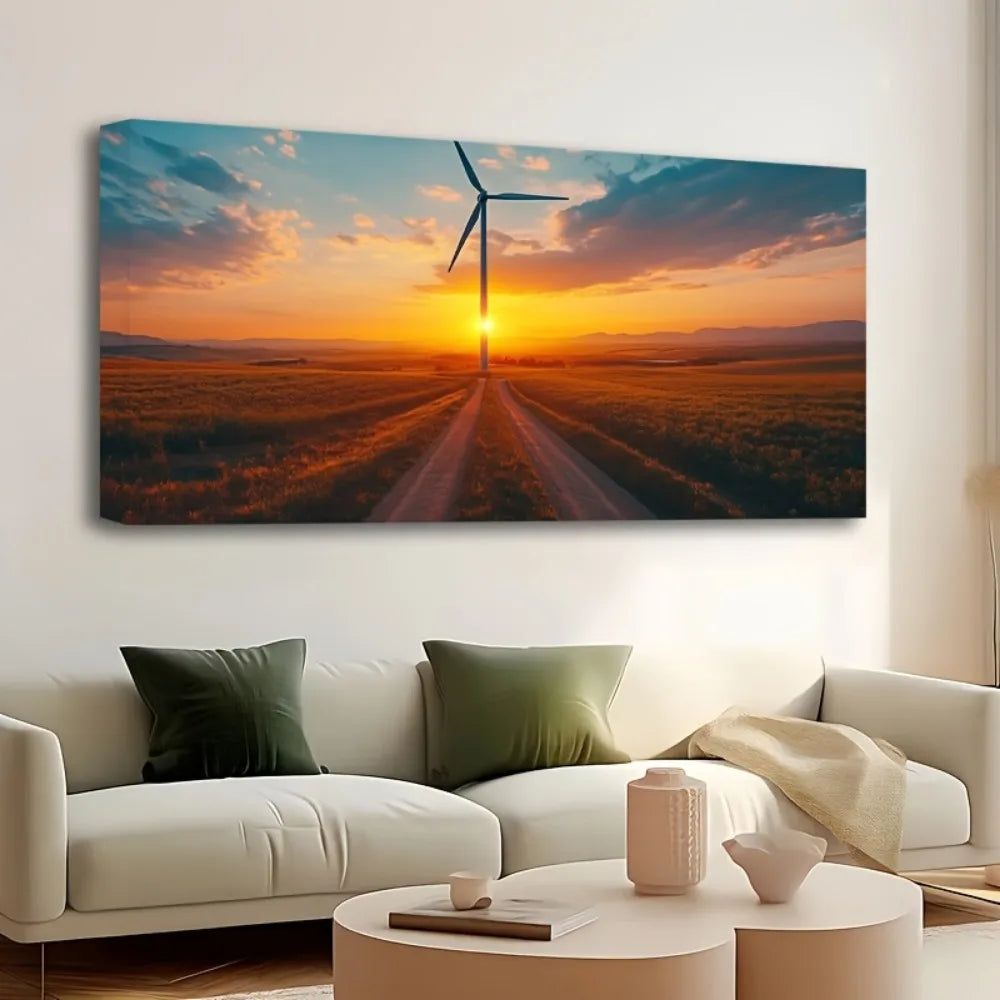 1.5 inch thick pine frame, sunrise wind turbine road, canvas wall art, living room poster, gift, bedroom painting