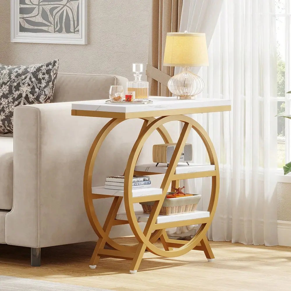 4-Tier End Table For Living Room, Narrow Side Table With Storage, Wood Sofa Side With Metal Frame, Industrial
