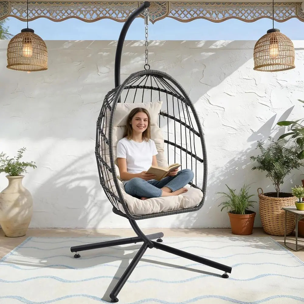 Outdoor Hanging Egg Chair with Stand & Oversized Cushion, 350LBS acity Heavy-Duty Patio Swing Hammock Chair, Thickened Metal e o