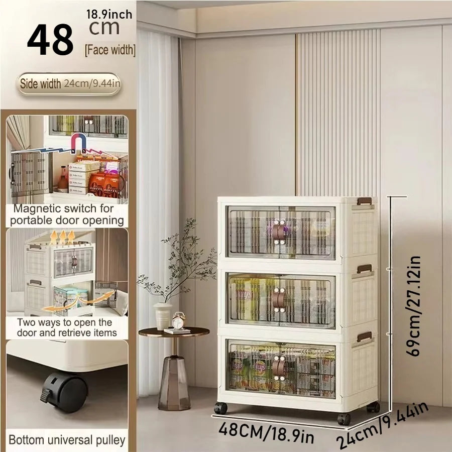 Stackable Plastic Storage Cabinet with Doors and Wheels for Bedroom