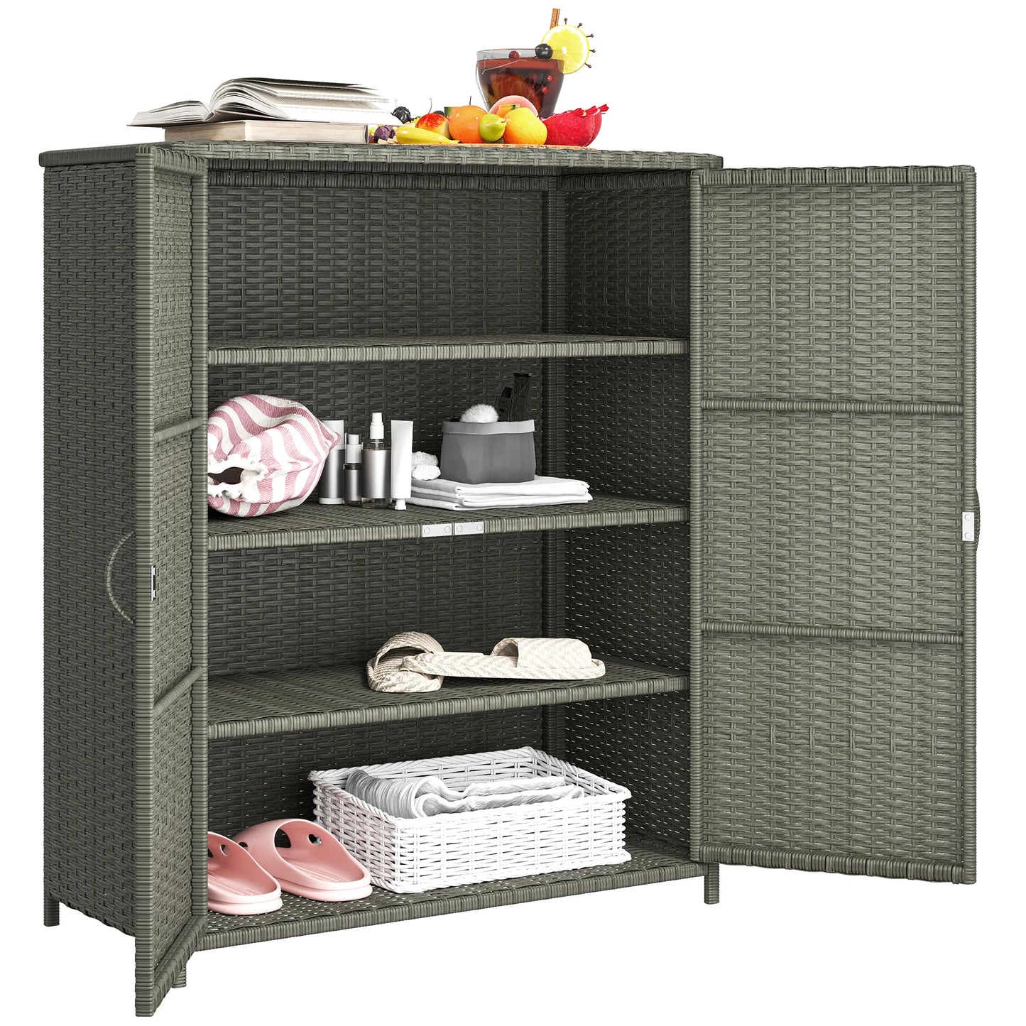 Outsunny Wicker Outdoor Storage Cabinet with Shelves, 2 Doors, Dark Gray