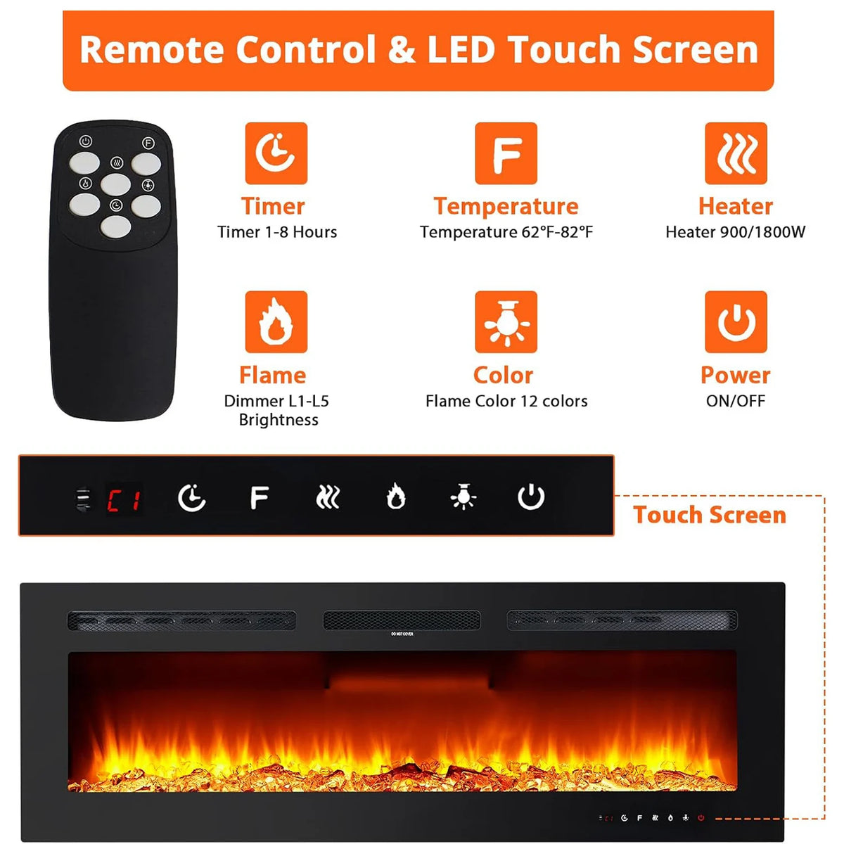 4/50/60inch Electric Fireplace 120V/1500W Heating 12 Flame Effect Remote Control Touch Screen Fireplace, 3D Wall Mount