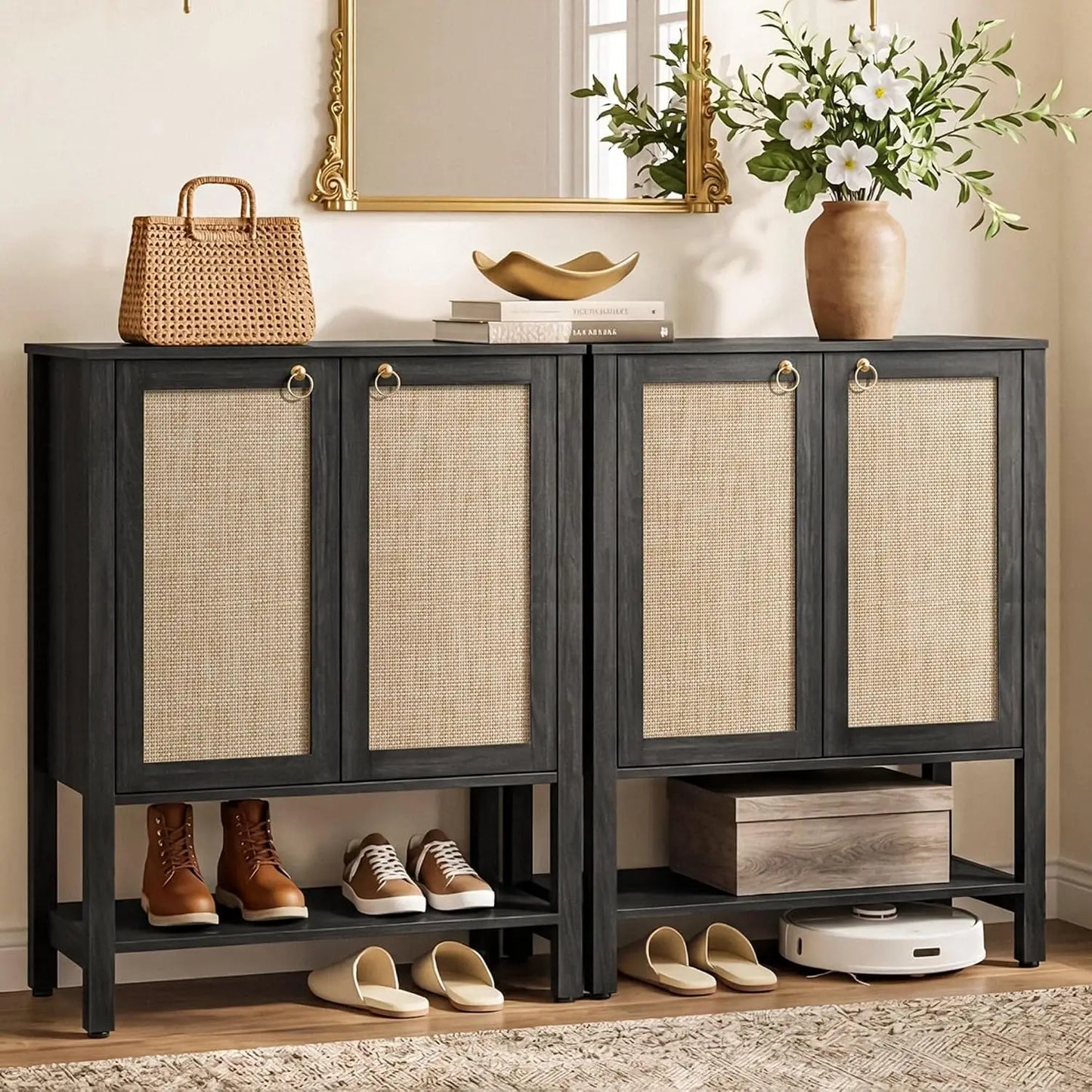 Shoe Storage Cabinet for Entryway - 5 Tier Rattan Entry Shoe Organizer Cabinet with Shelves & Doors, 2 Pieces, Customized