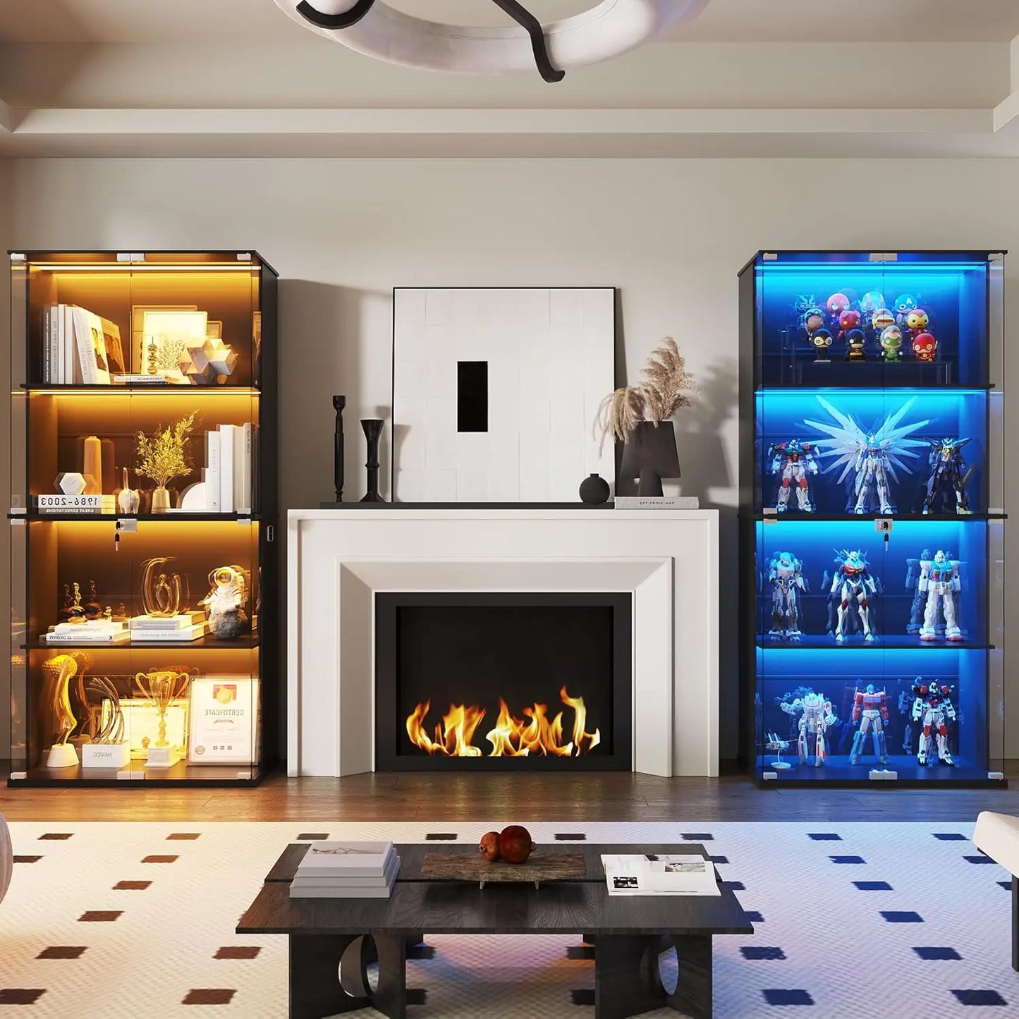 ZHILU Lockable Glass Door Display Cabinet 4 Tier Lighted Curio Cabinet