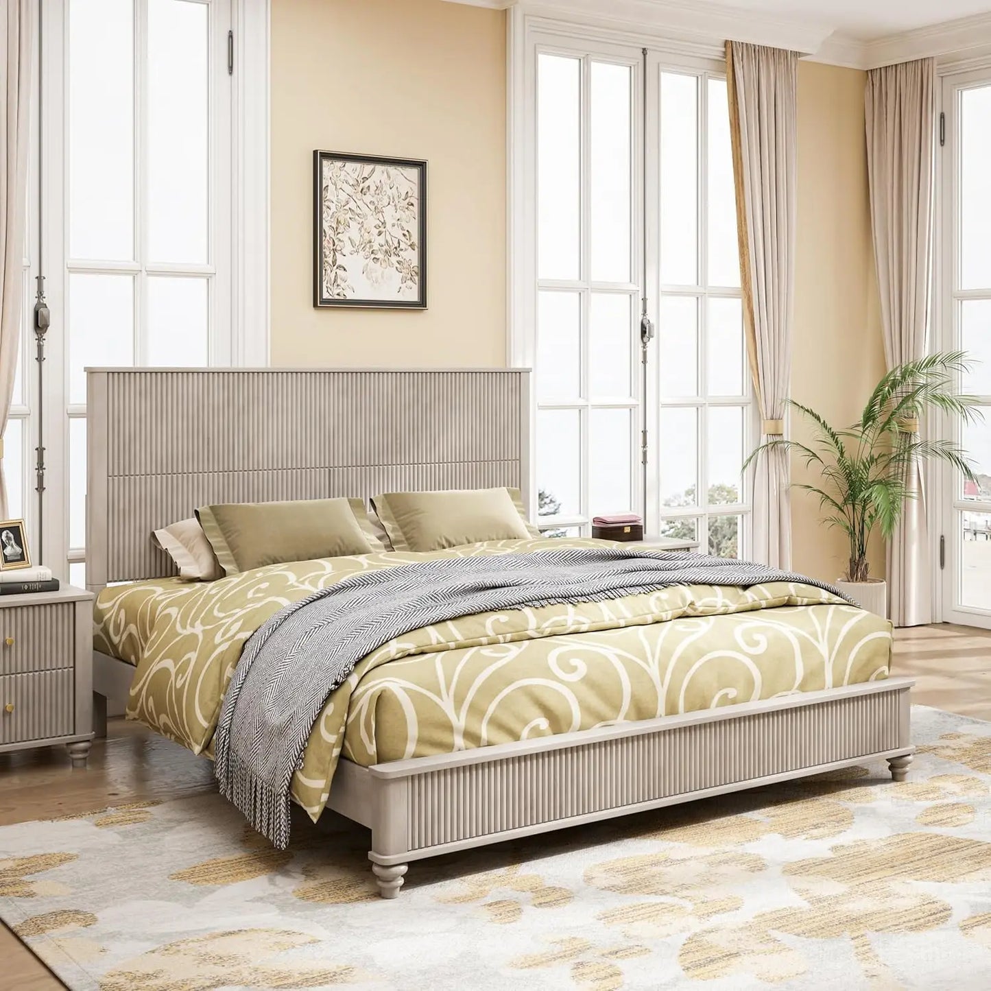 King Size Bed Frame with Headboard and Storage Bench, Solid Wood Sleigh Bed Frame No Box Spring Needed, Wood Bed Frame, Custom