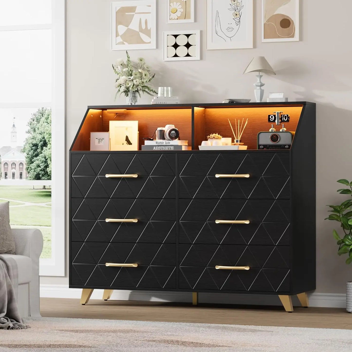 6 Drawers Dresser with LED Light and Power Outlet, Wood Dressers for Bedroom Chests of Drawers for Living Room Entryway Hallway