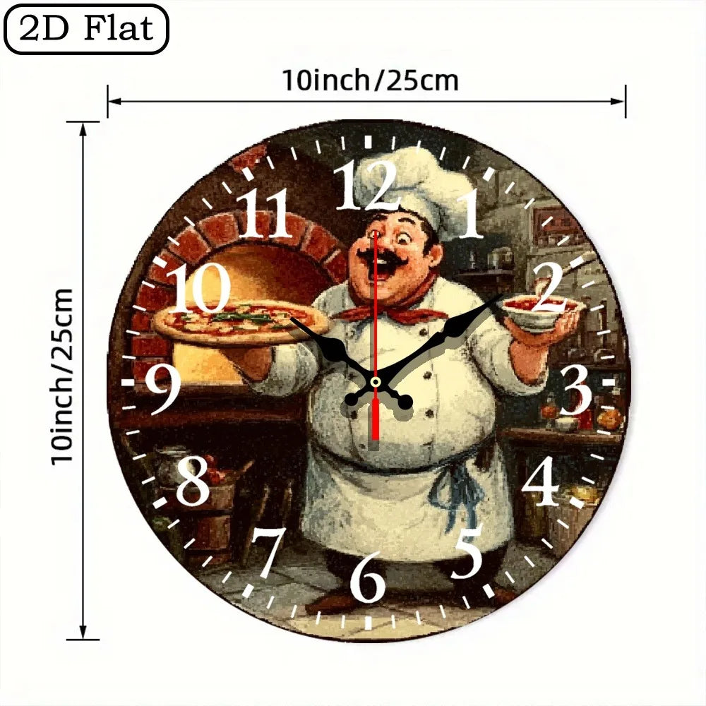 10-Inch Wooden Wall Clock with a Chef Theme, Featuring Easy-To-Read Numbers. It Runs on Batteries (AA Batteries Not Included) An