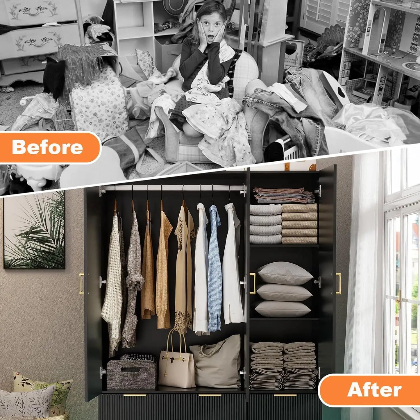 Minimalist Wardrobe Armoire With Mirror Hanging Rod Drawers