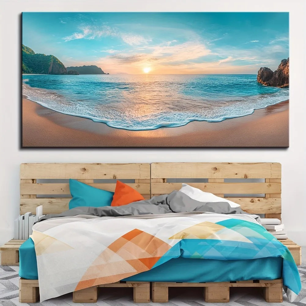 1.5 inch thick pine solid wood frame, canvas printed mural, natural beach sunsets and wave pictures, interior decoration
